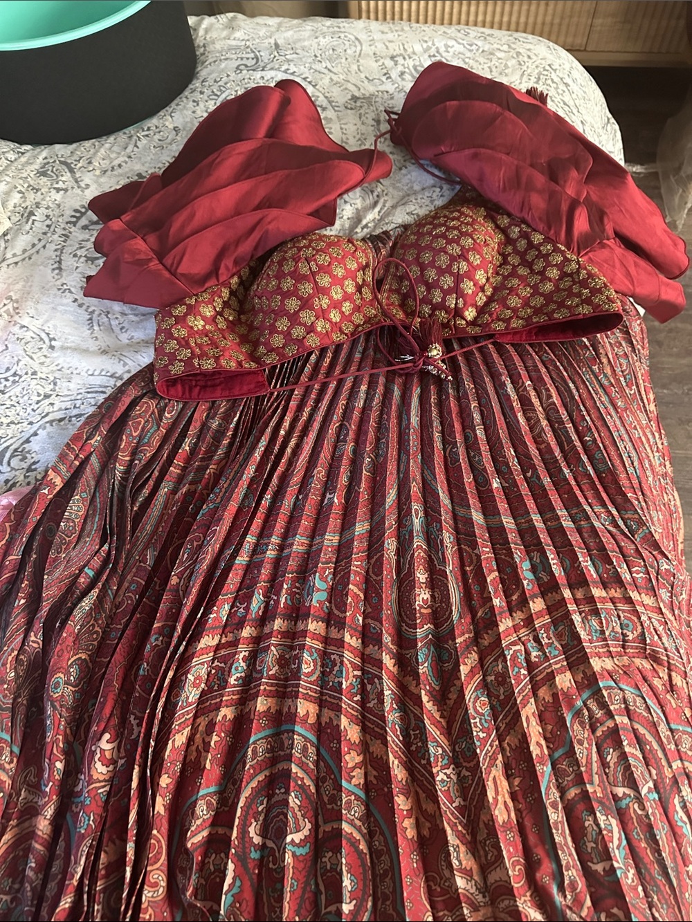 Red Printed Pleated choli top and scarf - Women